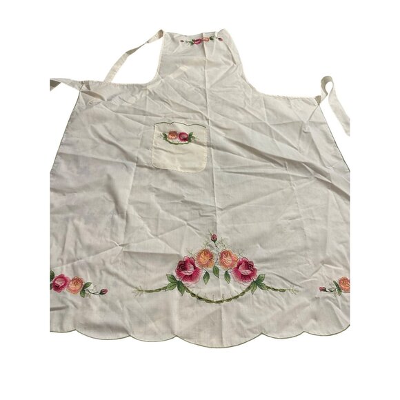 Vtg Hungarian Hand-Embroidered Floral Full Apron Pocket Scalloped Cotton cottage - Picture 1 of 10